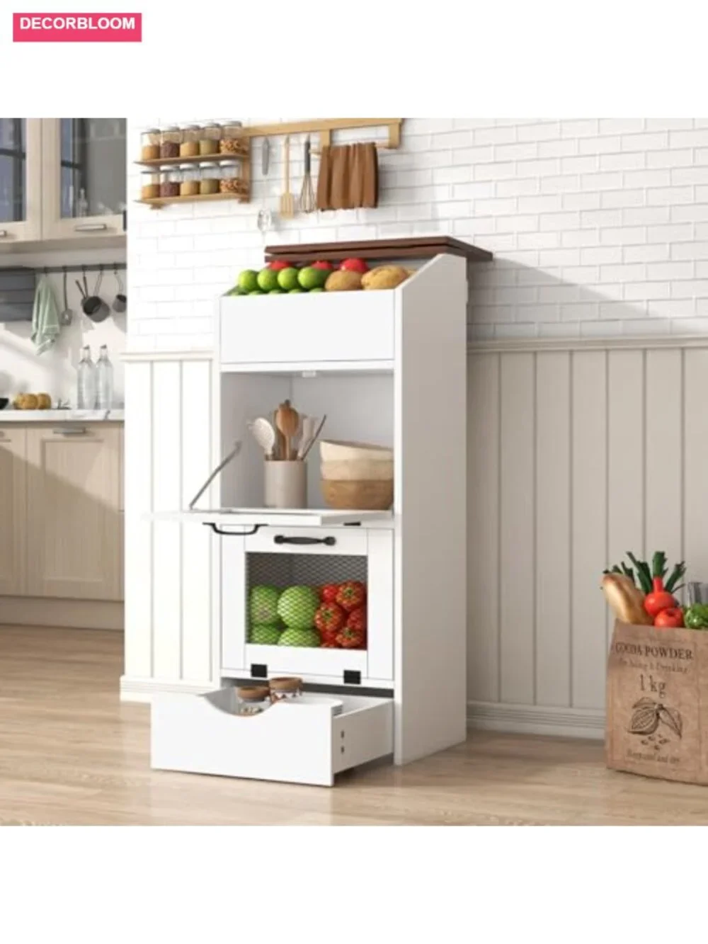 Patiorama 4-Tier Wood Potato Onion Storage Bin Bread Box Wheeled Drawer